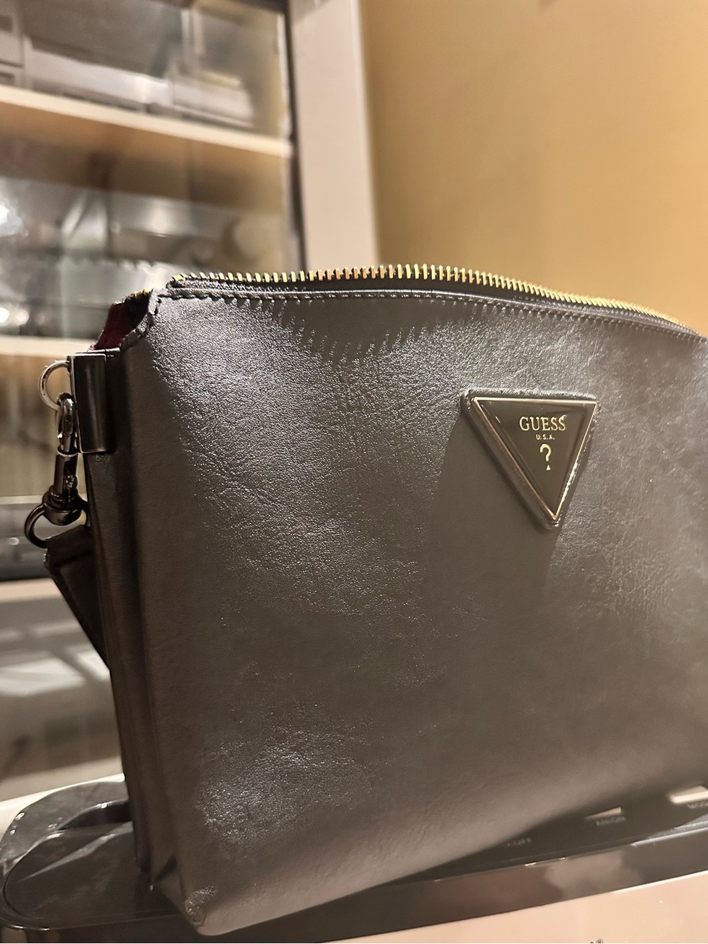 GUESS Black Leather Messenger Crossbody with Gold Logo